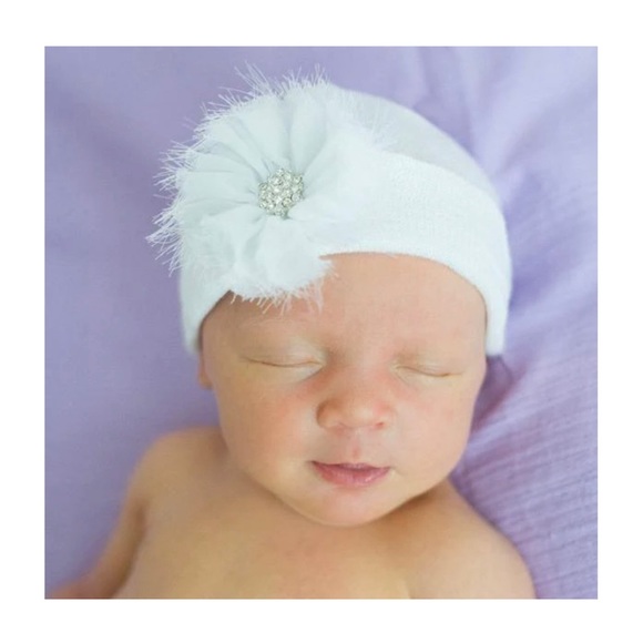 ilybean White Hat with a White Fairy Frayed Flower Newborn Girl Hat NWT - Picture 5 of 5